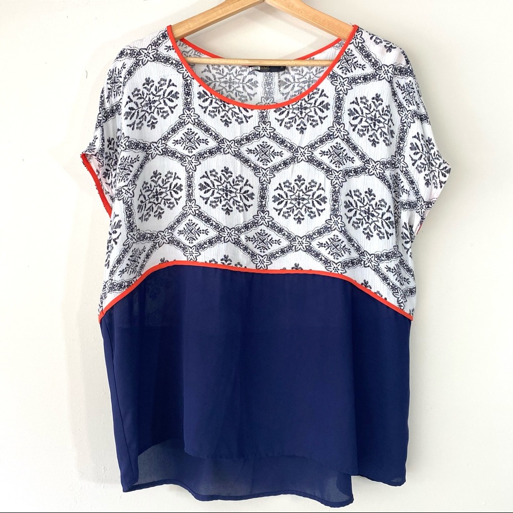 Anthro THML Boho Colorblock Blouse Top Navy XL
